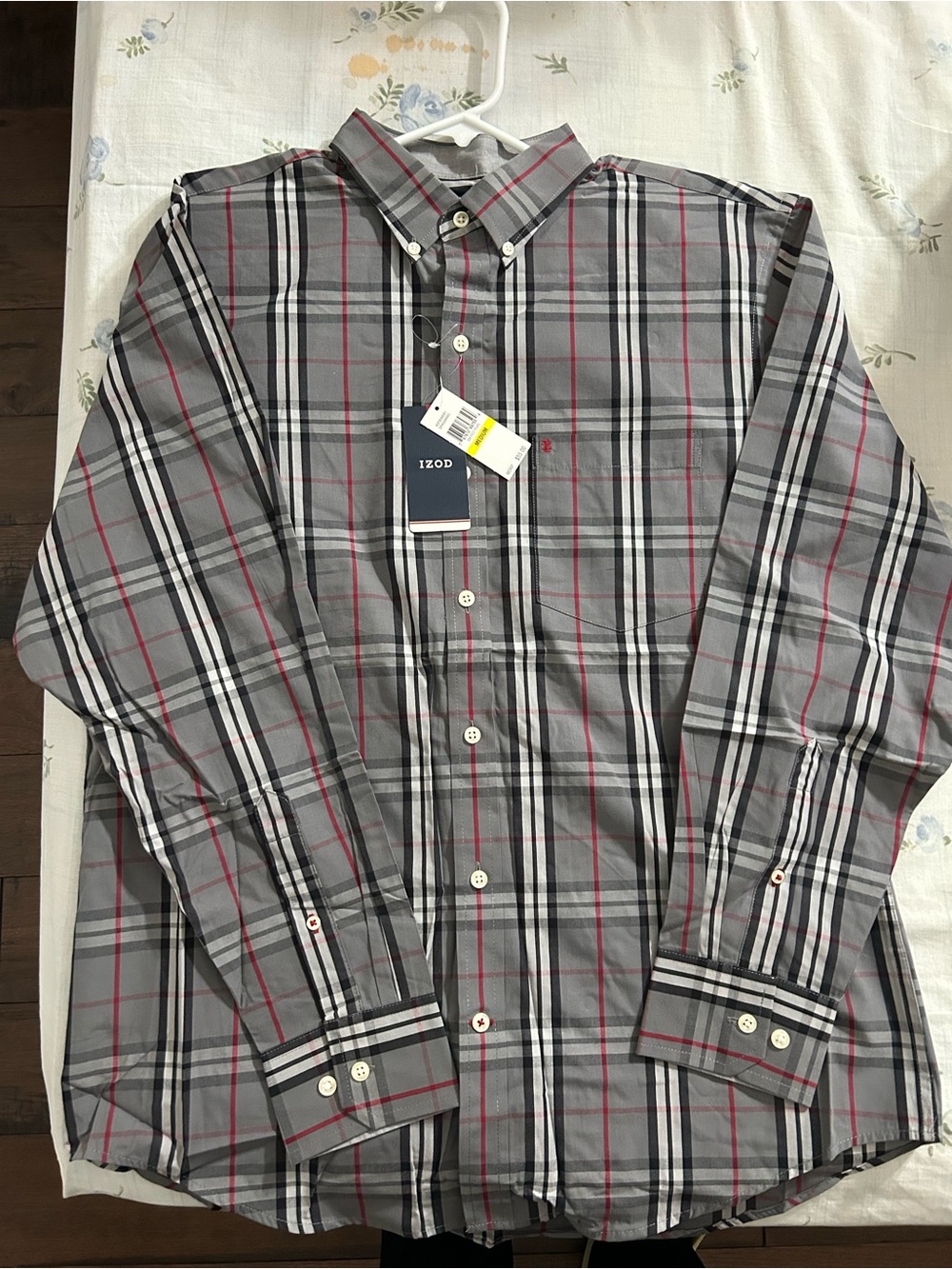 Izod Men’s Gray Plaid Button-Down Shirt with Red Accents